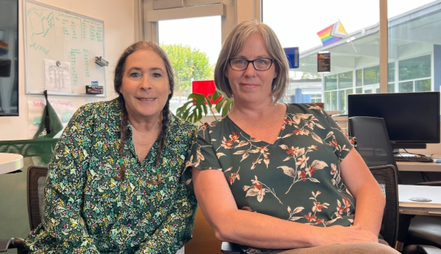 Our new administrators, Nagel on the left and Romero on the right pose for a photograph together, sitting in Romero’s office. (Photo By: Aila McMillan)
